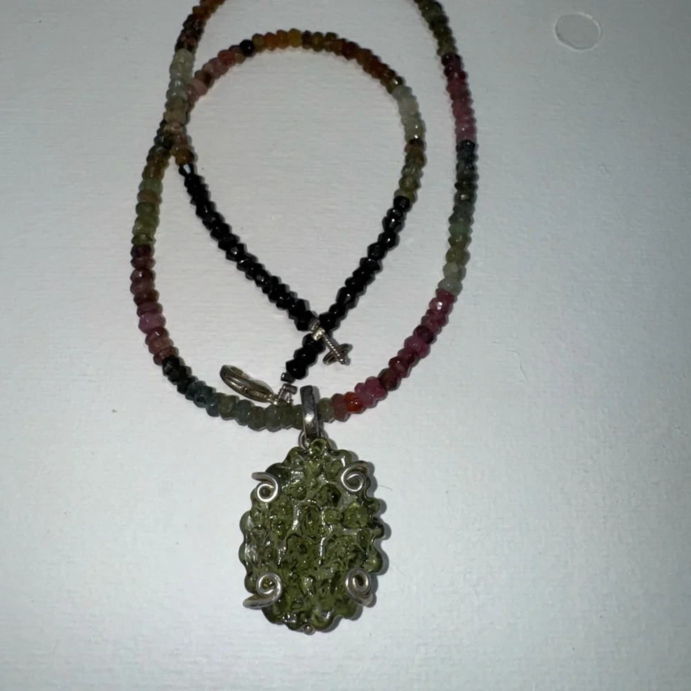 Elegant Green Moldavite Pendant, Tourmaline Necklace - Picture 2 of 2
